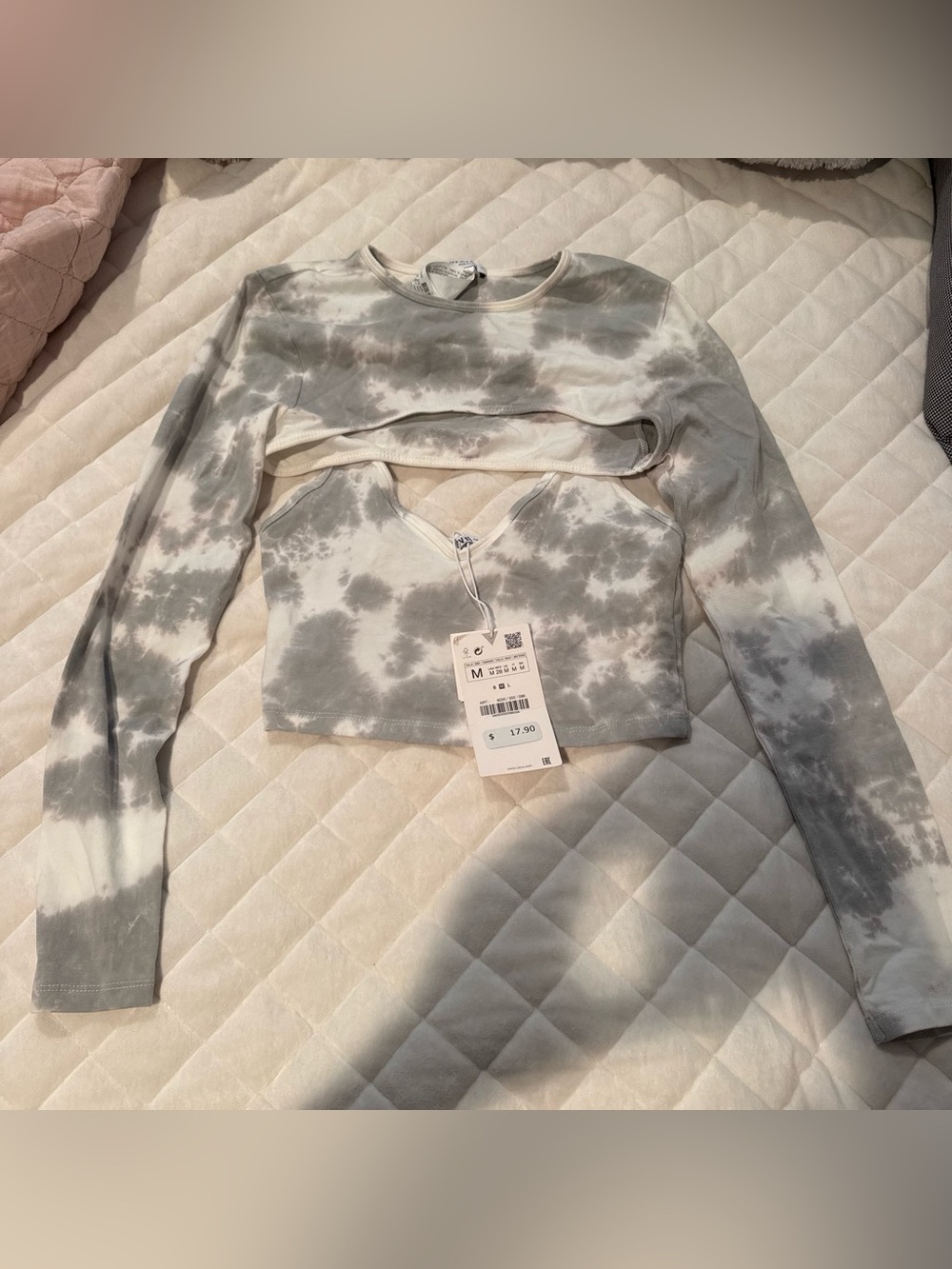 Zara Gray and White Tie-Dye Long Sleeve Crop Top with Shrug